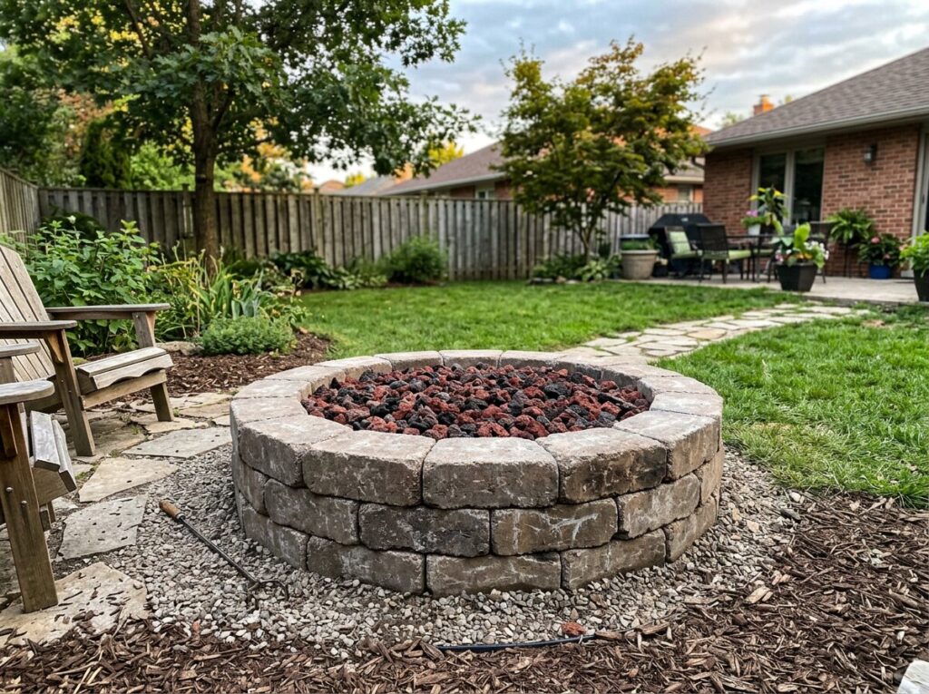 Completed fire pit with pavers surrounded by a gravel patio in a backyard