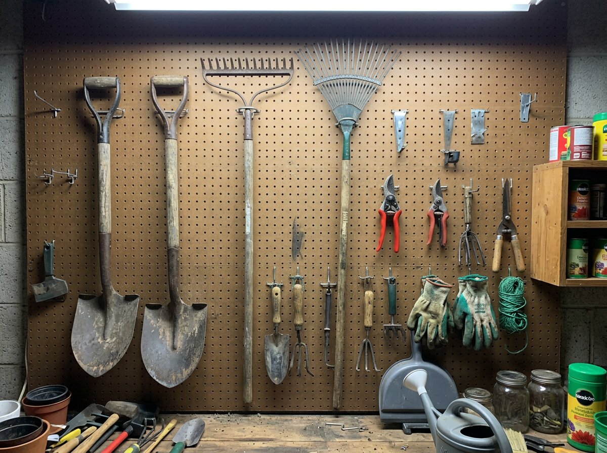 A pegboard wall with neatly hung shovels, rakes, pruners, and a labeled parts organizer for garage yard tool storage