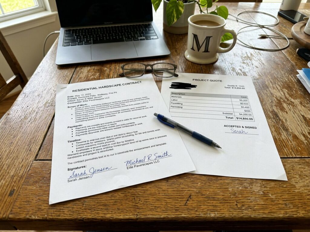 Hardscape contractor contract and project quote with payment schedule on a desk