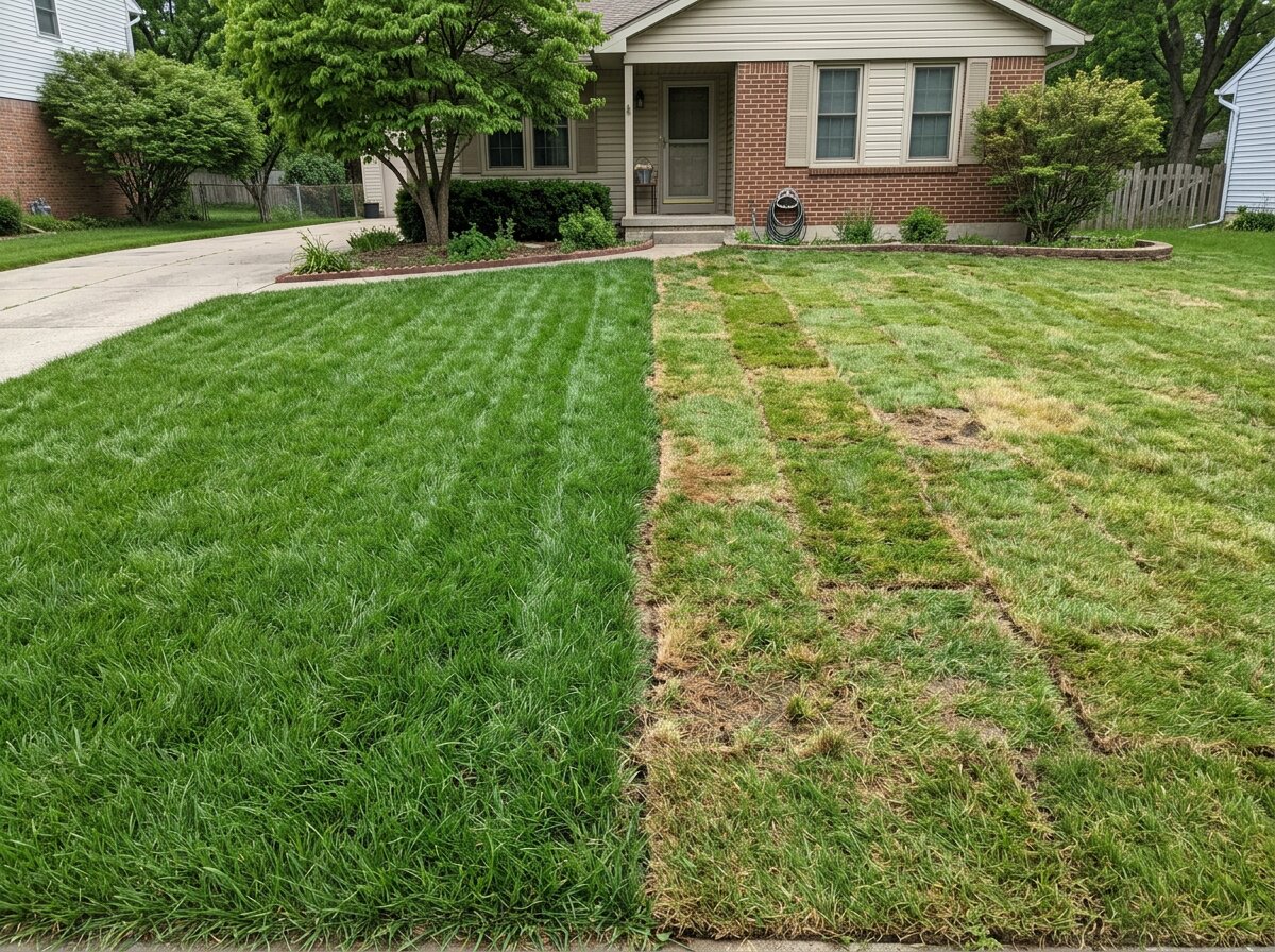 Hydroseeding vs sod lawn results after two months of growth in a front yard