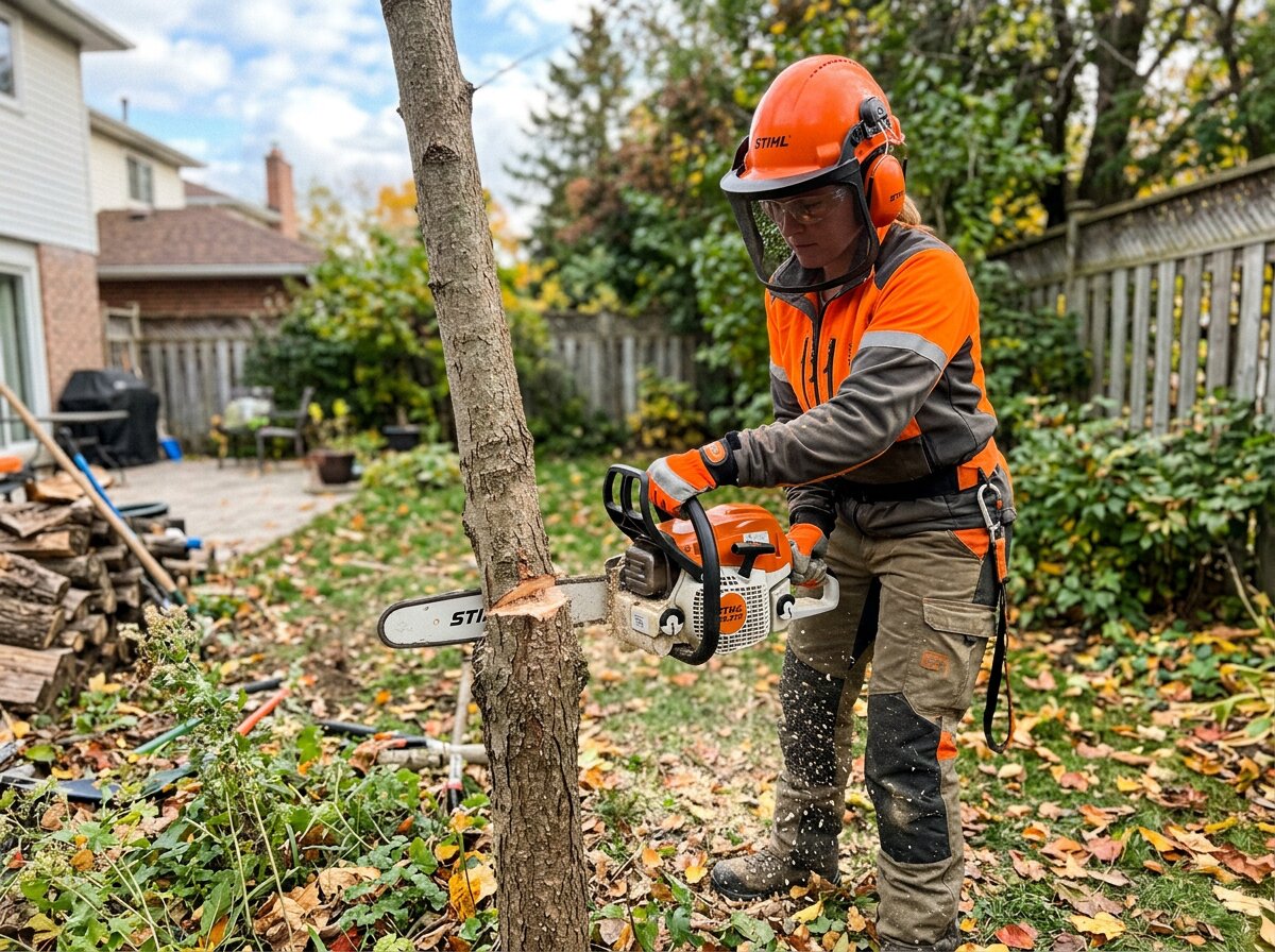 Person wearing full chainsaw safety gear felling a small tree with a chainsaw during land clearing
