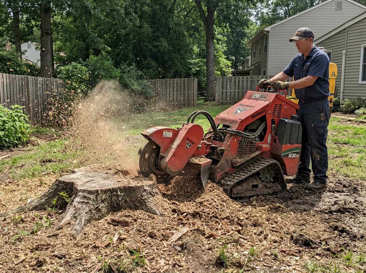 Operator using a rental stump grinder machine to grind out a small stump below grade