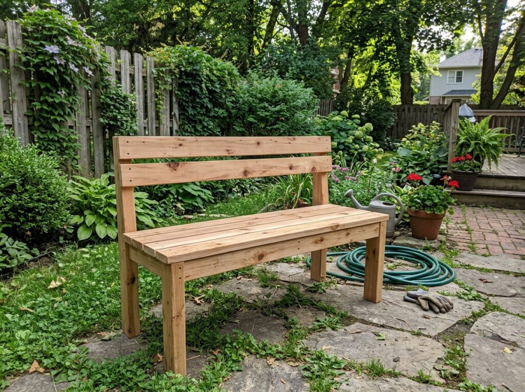 Finished simple wooden outdoor bench in a backyard setting