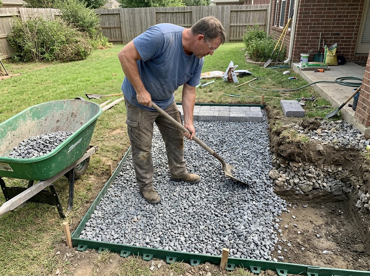 Spreading the open-graded stone reservoir base for a permeable pavers system