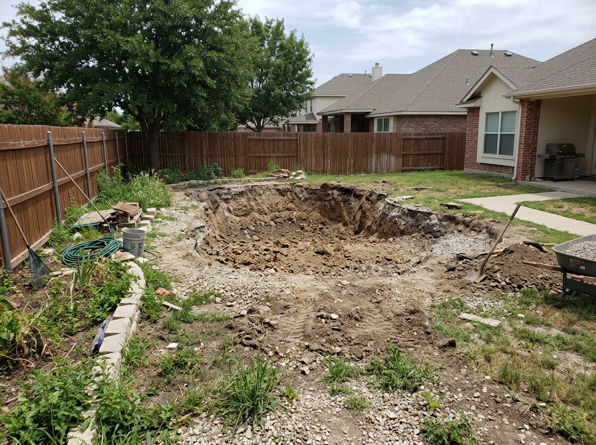 Newly landscaped backyard where an in-ground pool used to be after pool demolition