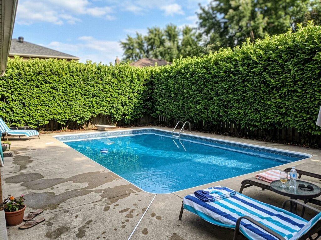 Pool landscaping privacy hedge screen of dense arborvitae with ornamental grasses around the pool deck