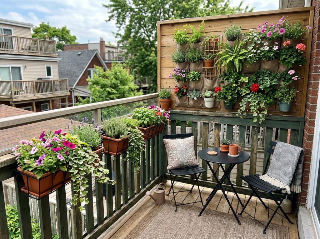 Balcony deck idea off an upper-level room with a vertical garden and railing