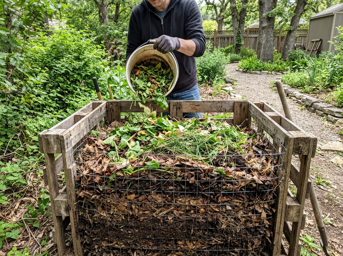 Backyard compost bin filled with leaves and grass clippings for yard waste removal